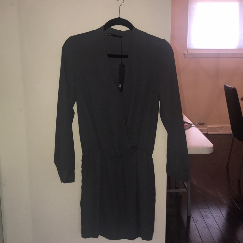 Grey silk long sleeved blouson mini dress